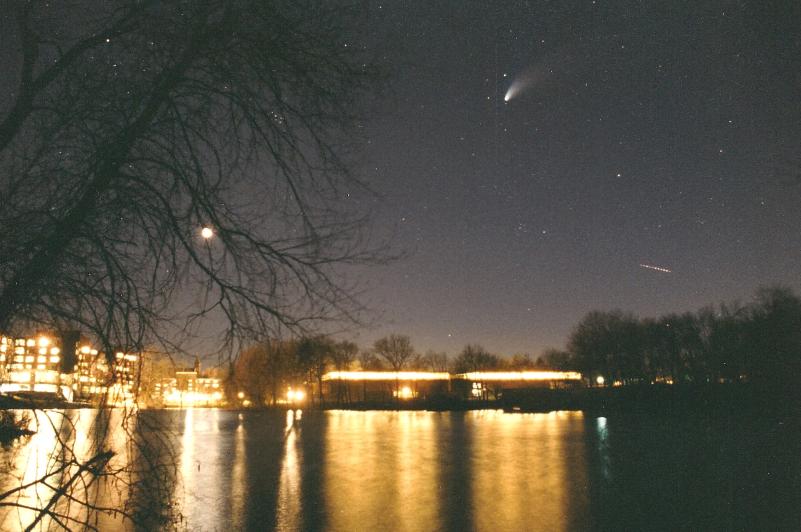 Comet Hale-Bopp was easy to see over the playing fields and pond of Mount Holyoke College in 1997. Will Comet ISON be even brighter than this? Photo courtesy of Aaron Ellison and Elizabeth Farnsworth. 